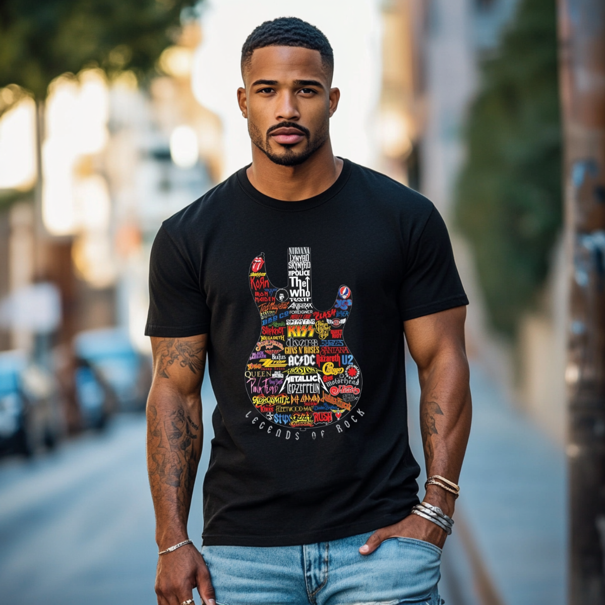 Legends of Rock Guitar T‑Shirt — Vintage Band Logo Guitar Design