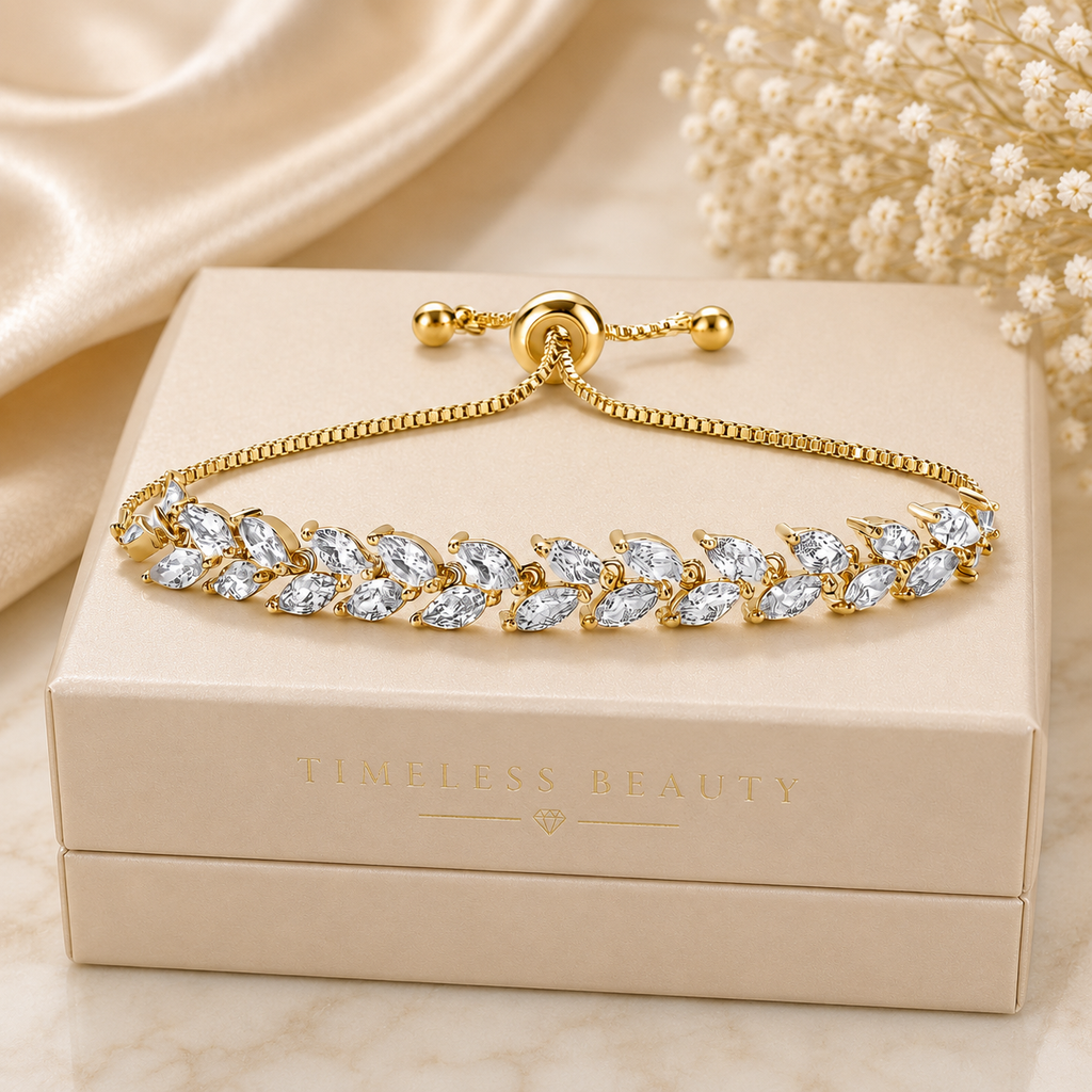 Crystal Leaf Bracelet for Women, Adjustable 18K Gold Plated CZ Tennis Bracelet