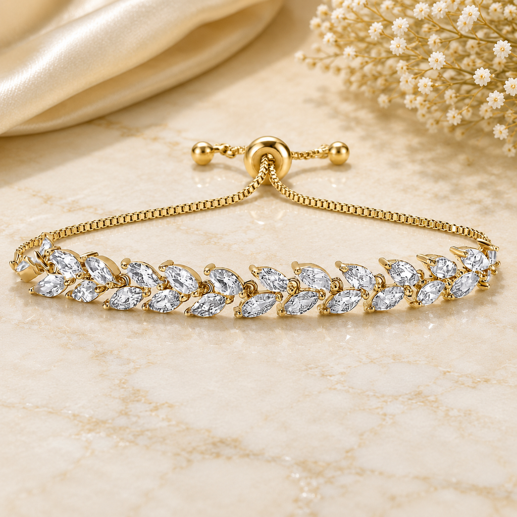 Crystal Leaf Bracelet for Women, Adjustable 18K Gold Plated CZ Tennis Bracelet