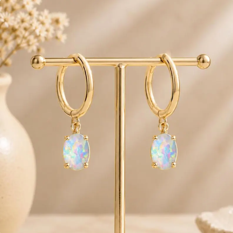 Gold Tone Opal Hoop Minimalist Earrings
