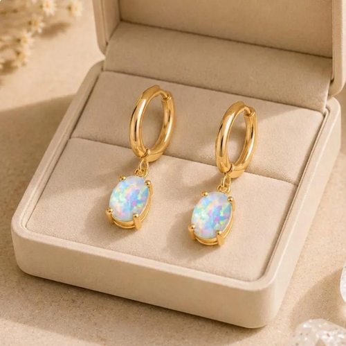 Gold Tone Opal Hoop Minimalist Earrings