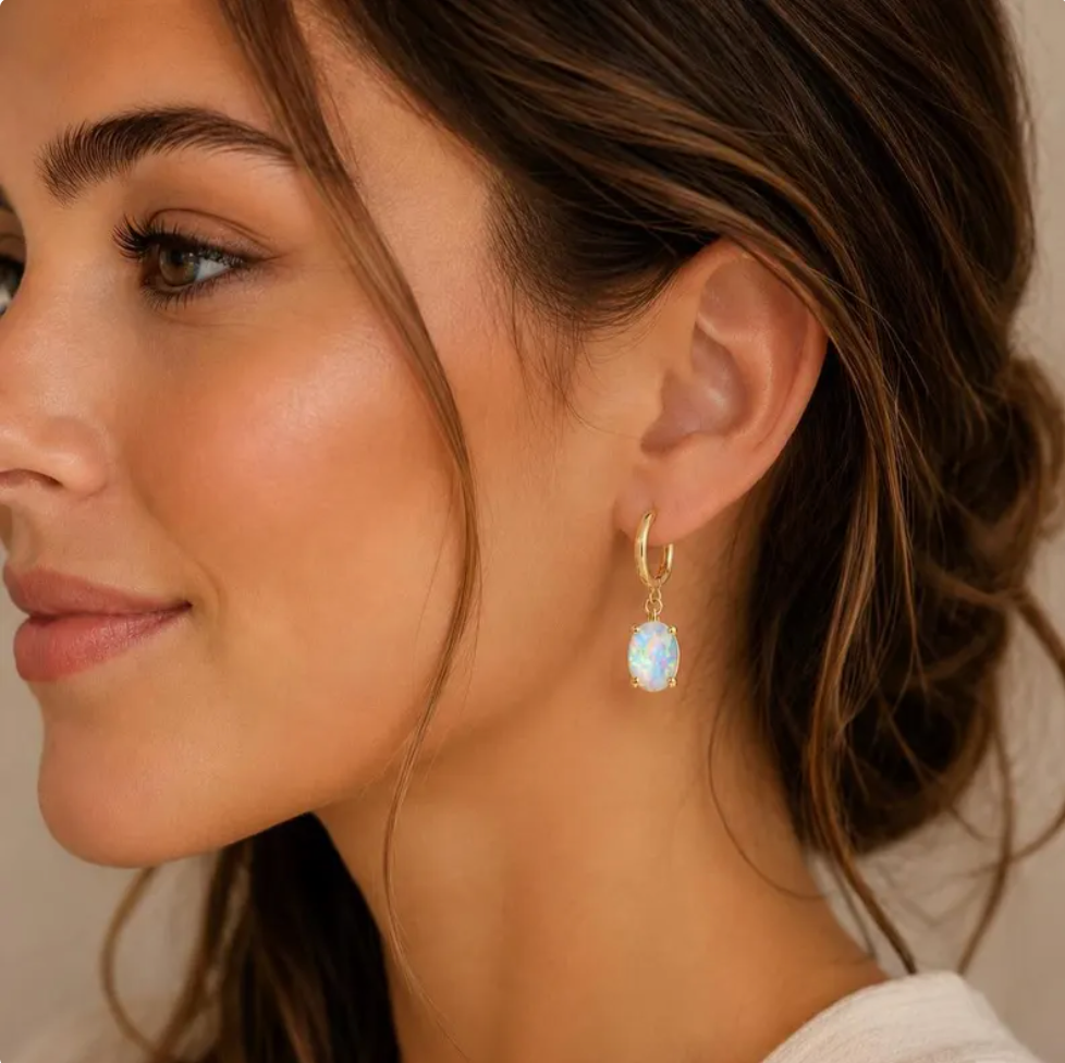 Gold Tone Opal Hoop Minimalist Earrings
