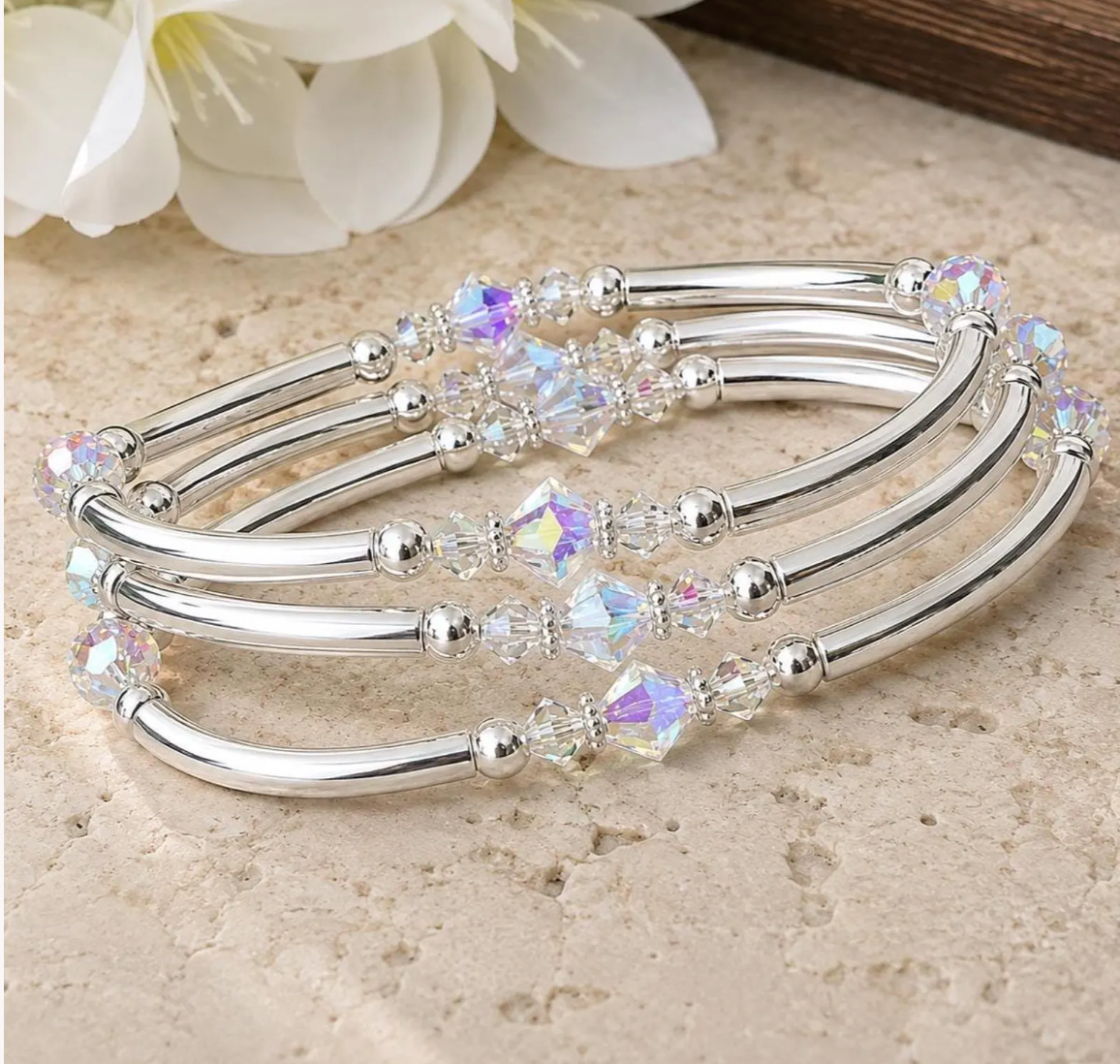 Silver Tone Swarovski Crystal Bangle Set