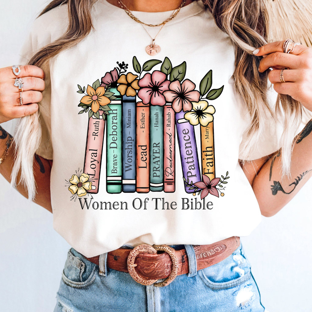 Women of the Bible Floral Books Graphic Tee – Christian Faith Shirt